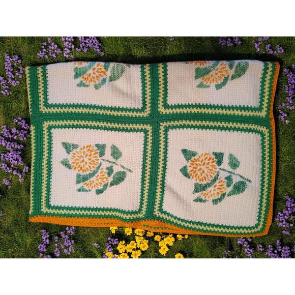 Vtg. Handmade Crochet Blanket, Large, Green Orange Square Painted Flowers Afghan - Picture 1 of 5